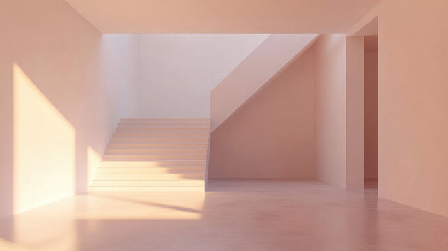 Minimalist interior with stairs and natural light creating a serene atmosphere. architectural photograph showcases a modern interior design with a staircase bathed in soft sunlight.