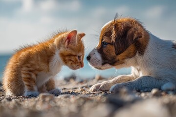 Baby cat and dog sharing a curious moment while sniffing each other at the beach during a sunny day