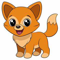 A cute cartoon fox with big eyes and a bushy tail stands happily isolated on white background silhouette