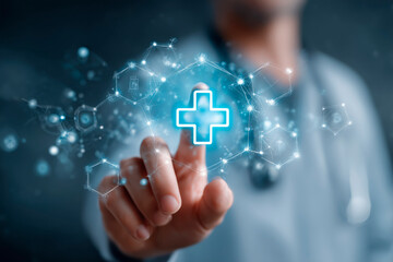 Doctor holds out their hand with medical icons