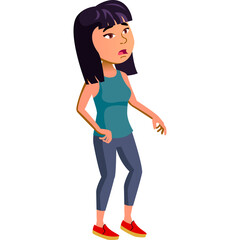 Pixelated Asian Woman With Tired Expression Wearing Teal Tank Top And Blue Pants Standing Against White Background