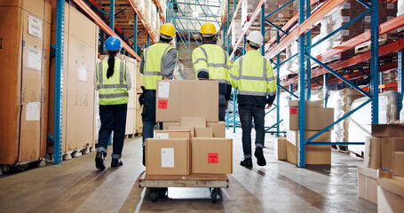 Logistics, boxes or people with cart in warehouse for package delivery, transport stock or teamwork. Shipping picker, back of group and walking with trolley for inventory export and backlog control © peopleimages.com