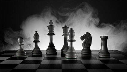 Strategic Chess Game with Dramatic Lighting and Smoke Effect on Checkered Board Strategy Concept