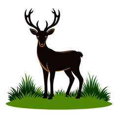 Majestic stag with antlers standing in green grass silhouette isolated on white background