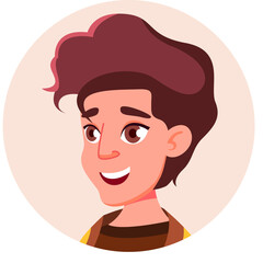 Pixelated cartoon portrait of a young person with brown hair and a smiling expression against a soft peach circular background