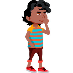 Pixelated illustration of a young person with dark curly hair looking frustrated and thinking hard with hand on chin wearing a striped shirt and red sneakers against a white background