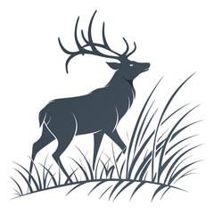 Majestic dark gray stag with large antlers walking through tall grass in a minimalist silhouette style isolated on white background