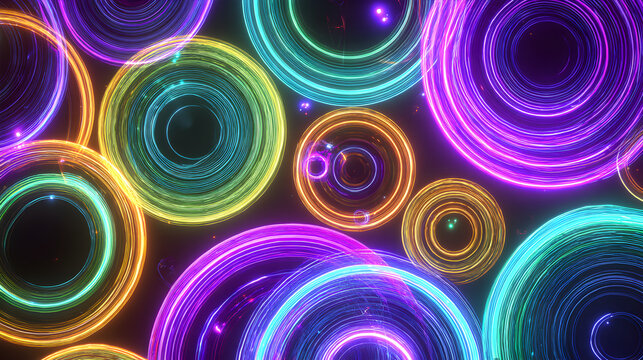 Abstract glowing neon circles and rings in vibrant purple, blue, and yellow hues create a mesmerizing futuristic digital art background with a sense of depth and motion