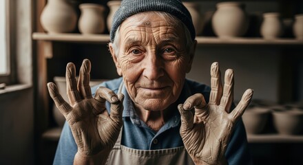 Elderly caucasian male potter displaying clay-covered hands in workshop with pottery