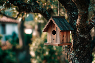 Birdhouse hanging up on a tree close