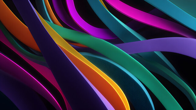 Abstract background with colorful wavy ribbons flowing in a dynamic and fluid motion, creating a vibrant and energetic visual effect with a dark backdrop