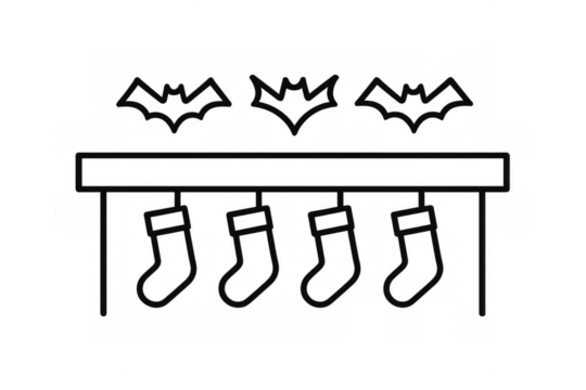 Spooky mantelpiece with bat decorations and hanging stockings combining halloween and christmas holiday themes