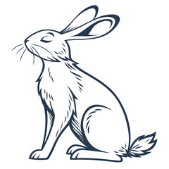 A stylized dark blue line art silhouette of a rabbit sitting with its eyes closed and ears perked up isolated on white background