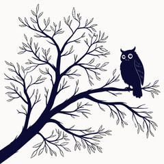 A charming dark blue silhouette of an owl perched on a bare tree branch with delicate leaves isolated on white background silhouette