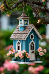 Birdhouse hanging up on a tree close