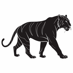 A powerful black tiger silhouette with white stripe details walking gracefully across a clean white background isolated on white background