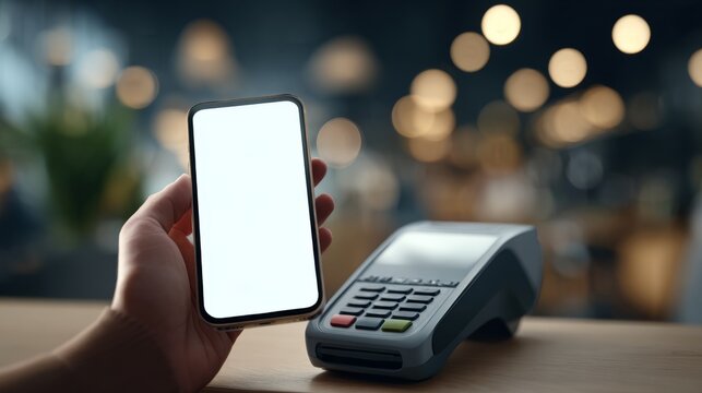 Close-up of a hand holding a smartphone near a contactless payment terminal in a modern cafe setting.