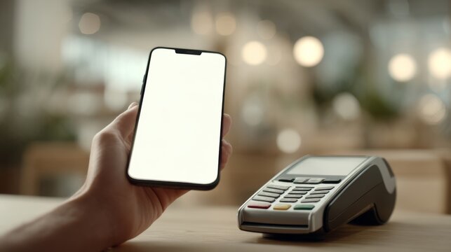 A close-up of a hand holding a smartphone next to a payment terminal, illustrating modern digital transactions and cashless payments. - Powered by Adobe