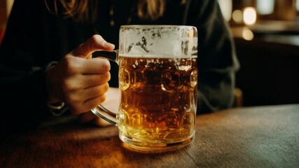 Close‑up of a frosty beer mug on a rustic table with bokeh lights—craft brewery vibe, weekend leisure and authentic pub culture for food & beverage storytelling and Oktoberfest themed ads