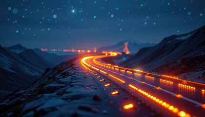 Obraz premium Strategic Planning for Milestone Journey Futuristic Roadmap at Night Scenic Location Enchanted Landscape