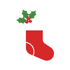 Festive red christmas stocking with holly berry decoration for holiday season celebrations isolated on white background