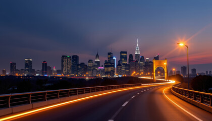 Obraz premium Strategic Planning for Milestone Journey on Glowing Curved Road Map Through City Skyline at Dusk