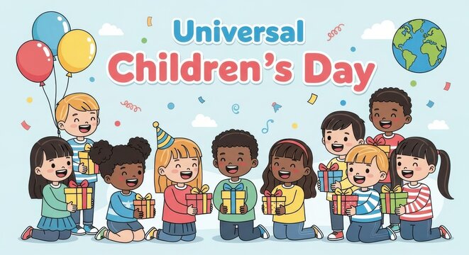 Happy universal childrens day with diverse kids receiving gifts and balloons - Powered by Adobe