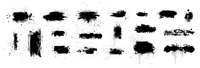 Fototapeta na wymiar Paint splash splatter ink brush blobs set. Grunge vector black spray stains. Watercolor texture background. blot and drip drops. Dirty liquid spots, rough dust, grain pattern. Graffiti abstract art bg