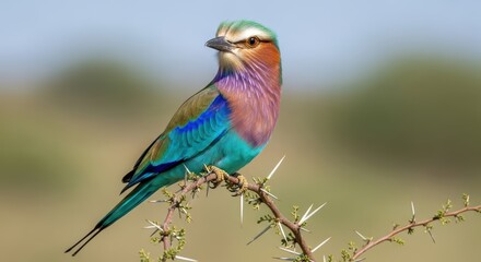Obraz premium Vibrant lilac-breasted roller perched on thorny branch in natural habitat