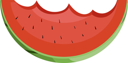 Bitten Watermelon Slice Illustration. Juicy Summer Fruit with Green Rind and Seeds, Isolated on White.