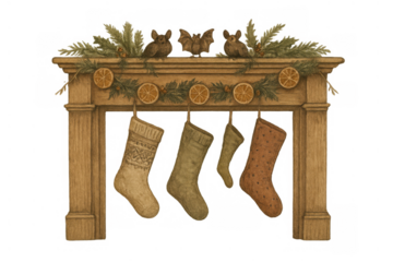 Christmas fireplace mantel with stockings, pine branches, dried oranges, and rustic bat decorations, watercolor illustration