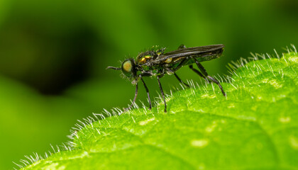 Soldier fly perched on a green leaf with fine hairs highlighting its detail