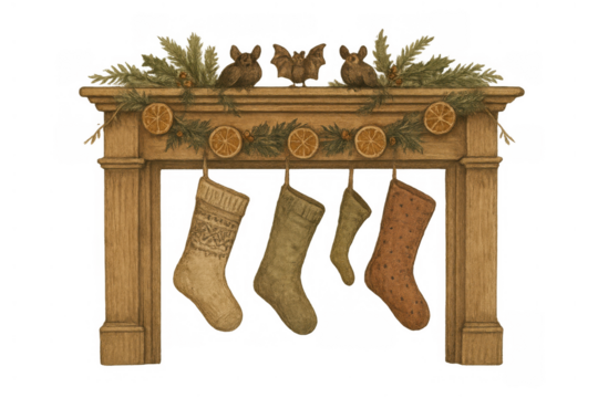 Christmas fireplace mantel with stockings, pine branches, dried oranges, and rustic bat decorations, watercolor illustration