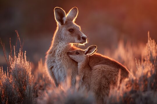 Mother kangaroo caring for her joey in the warm glow of the sunset on a serene Australian landscape