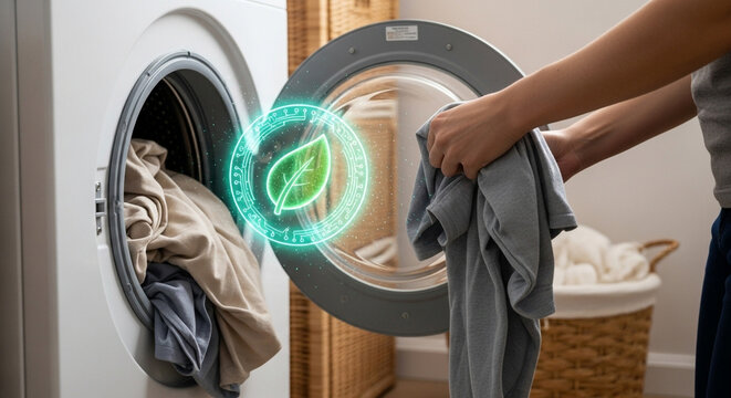 A person loading laundry into a washing machine with an ecofriendly leaf symbol hologram, representing sustainable and green cleaning practices