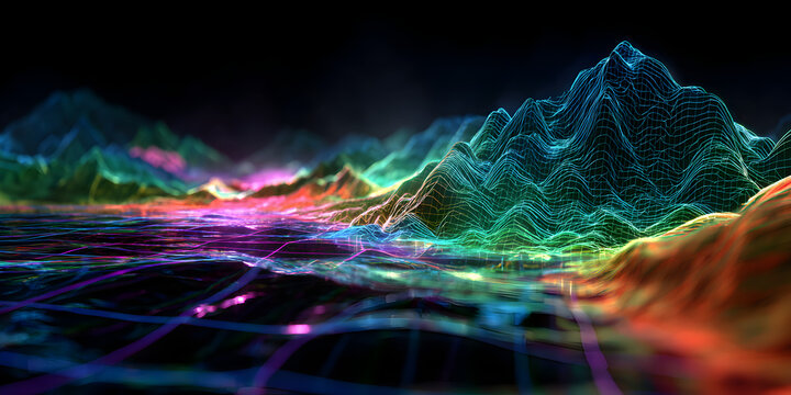 Abstract digital landscape with glowing neon lights forming mountains and valleys, representing data, network, or futuristic technology - Powered by Adobe