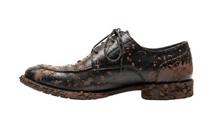 A side view of a black leather dress shoe caked in mud, highlighting the contrast between formal wear and rugged, real-world conditions.

