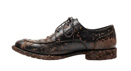 A side view of a black leather dress shoe caked in mud, highlighting the contrast between formal wear and rugged, real-world conditions.

