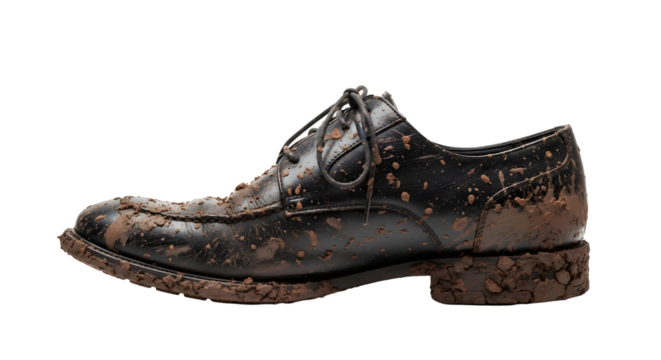 A side view of a black leather dress shoe caked in mud, highlighting the contrast between formal wear and rugged, real-world conditions.

