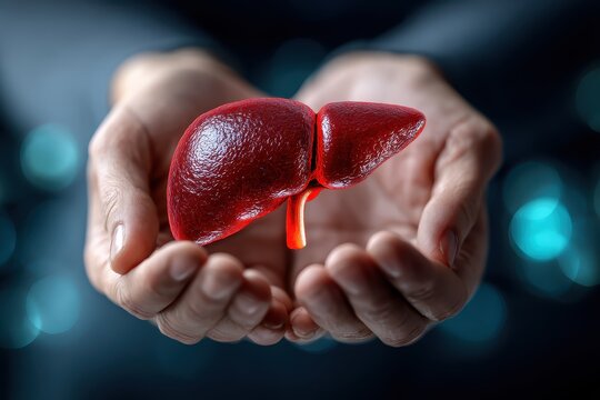 Hands hold a realistic liver organ against a vibrant background with soft bokeh lights, symbolizing health, vitality, and the importance of organ care and awareness in modern society