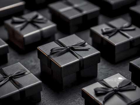 Elegant Black Gift Boxes with Ribbons on a Dark Background