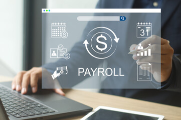 payroll management and financial processing system. payment of employees' salaries. icons for payment, scheduling, and efficient payroll operations.
