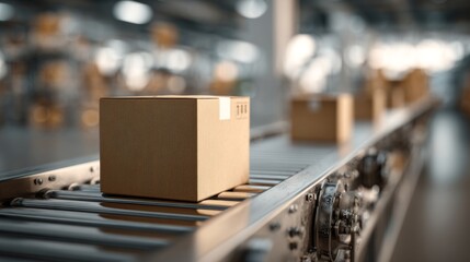A close-up of a cardboard box on a conveyor belt in a modern warehouse setting, highlighting the logistics and shipping industry.