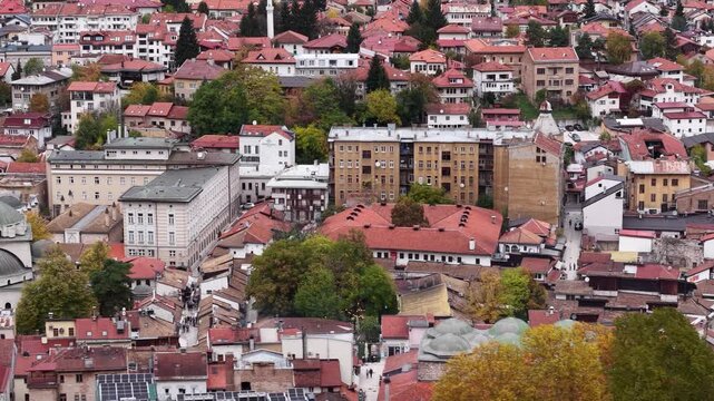 Drone Shot of Sarajevo, Bosnia and Herzegovina. Downtown Buildings, Mosques amd Hillside Homes