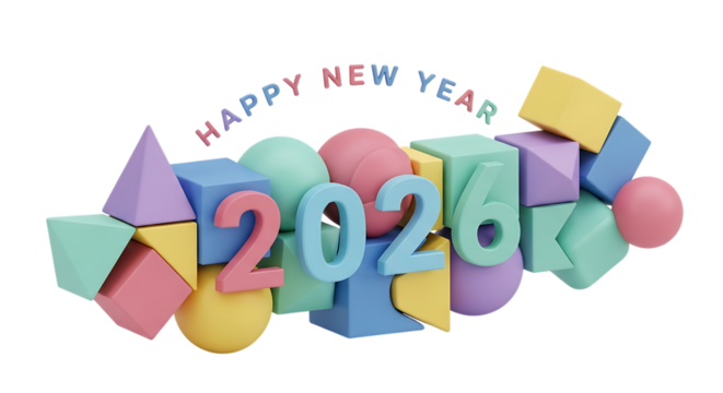 Happy New Year 2026 text, pastel geometric shapes forming the year 2026, cutout, PNG isolated on white or transparent background