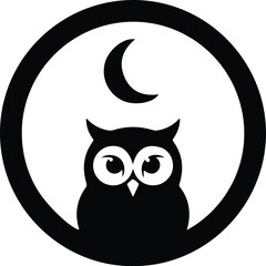Vector Owl and crescent moon inside circle frame silhouette illustration © Nasima