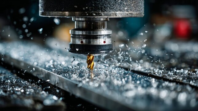 Close-up of a high-precision CNC milling machine cutting metal, surrounded by flying metal shavings.