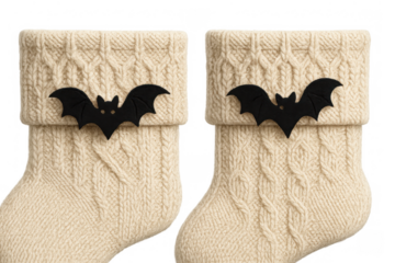 Halloween knitted stockings with bat decoration, holiday textile for spooky festive season, transparent background