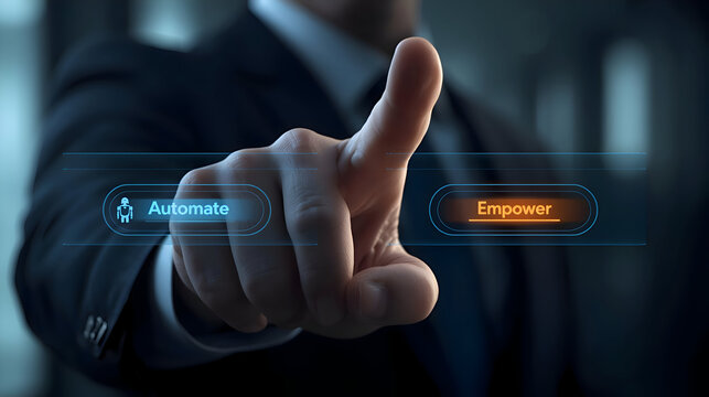 Focused CEOs considering deployment of Ai technology to empower employees within their organizations. futuristic choice for successful business and corporate future