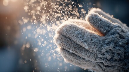 Close-up of warm, textured gloves gently shaking off snowflakes in a winter landscape.